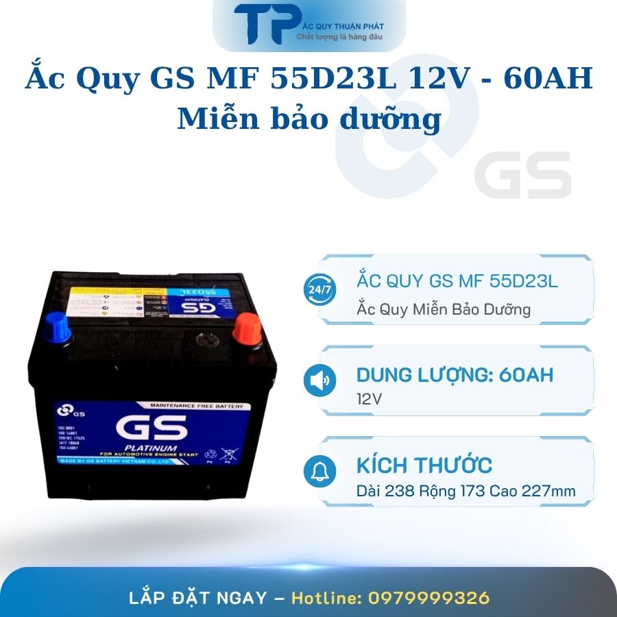Ắc quy GS MF 55D23L 12V - 60AH miễn bảo dưỡng