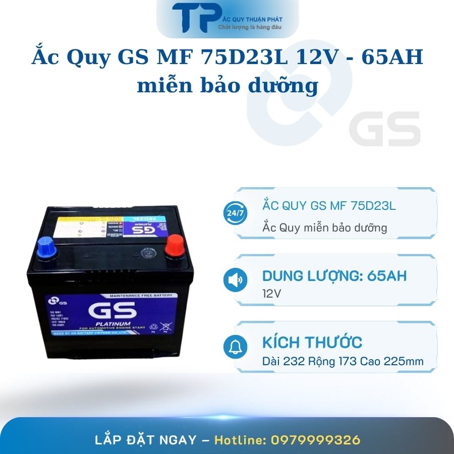 Ắc quy GS MF 75D23L 12V - 65AH miễn bảo dưỡng