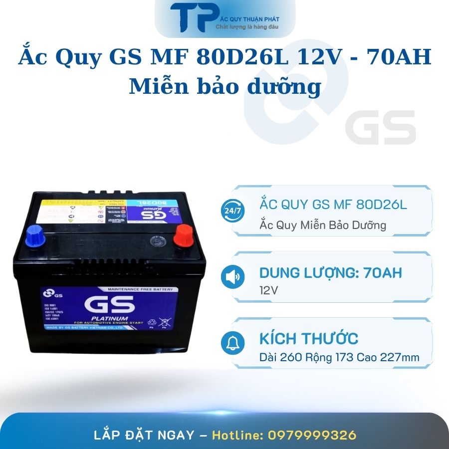 Ắc quy GS MF 80D26L 12V - 70AH miễn bảo dưỡng