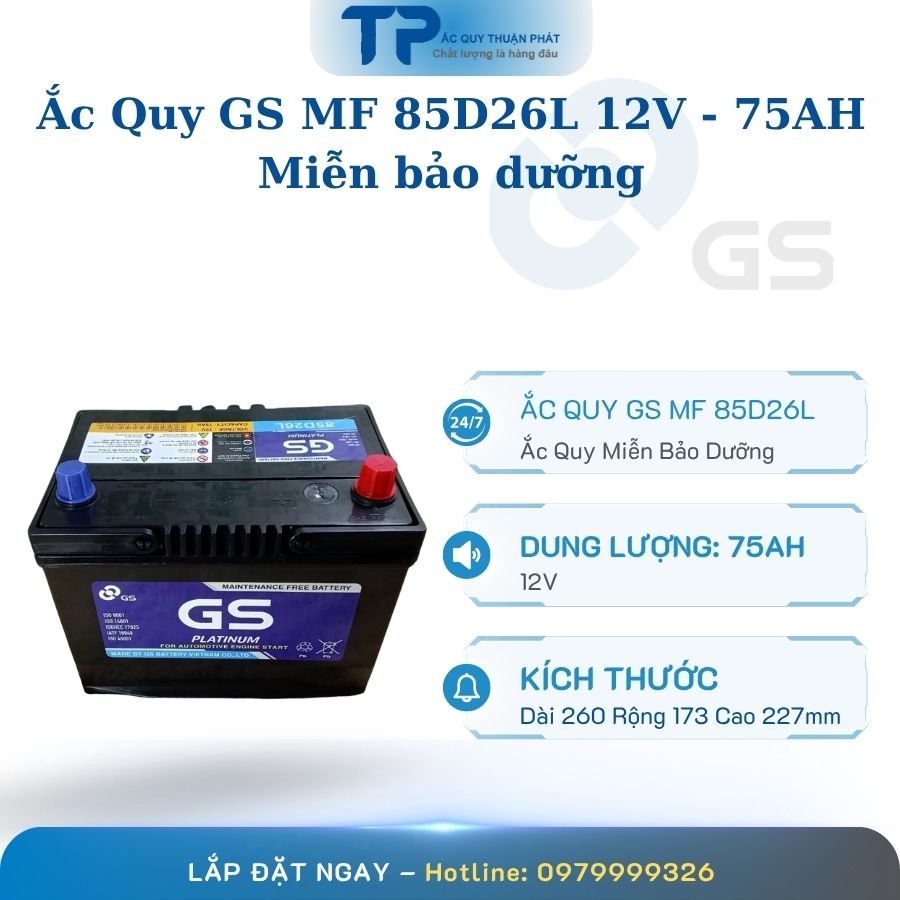 Ắc quy GS MF 85D26L 12V - 75AH miễn bảo dưỡng