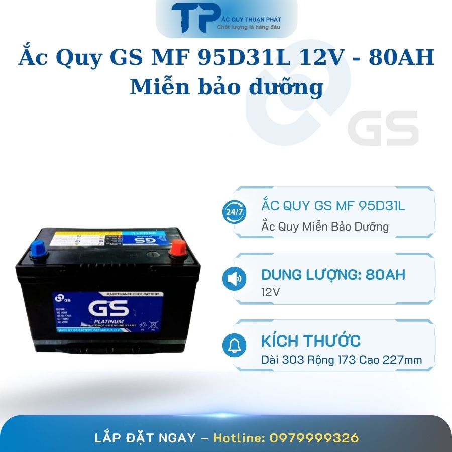 Ắc quy GS MF 95D31L 12V - 80AH miễn bảo dưỡng