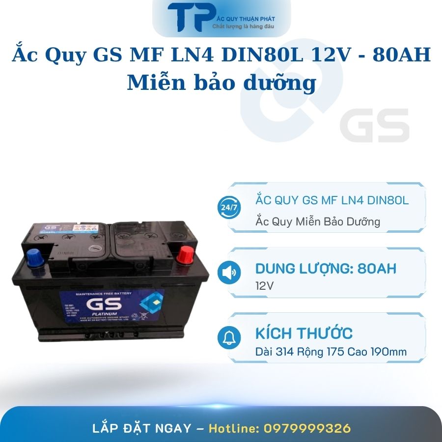 Ắc quy GS MF LN4 DIN80L 12V - 80AH cọc chìm