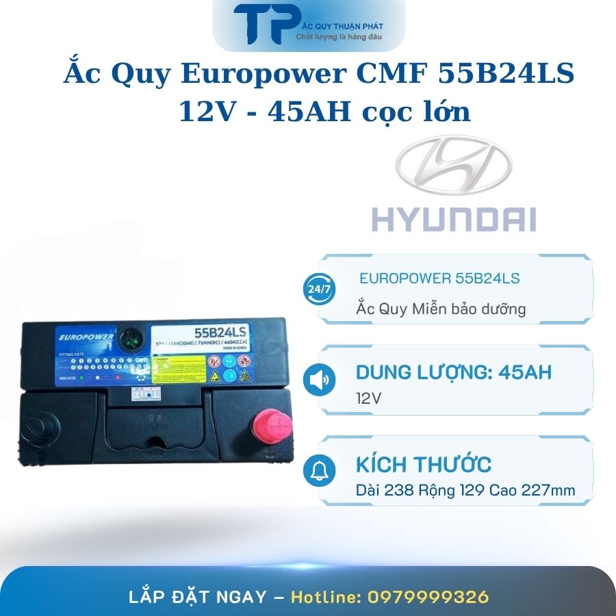 Ắc quy Europower CMF 55B24LS 12V - 45AH cọc lớn