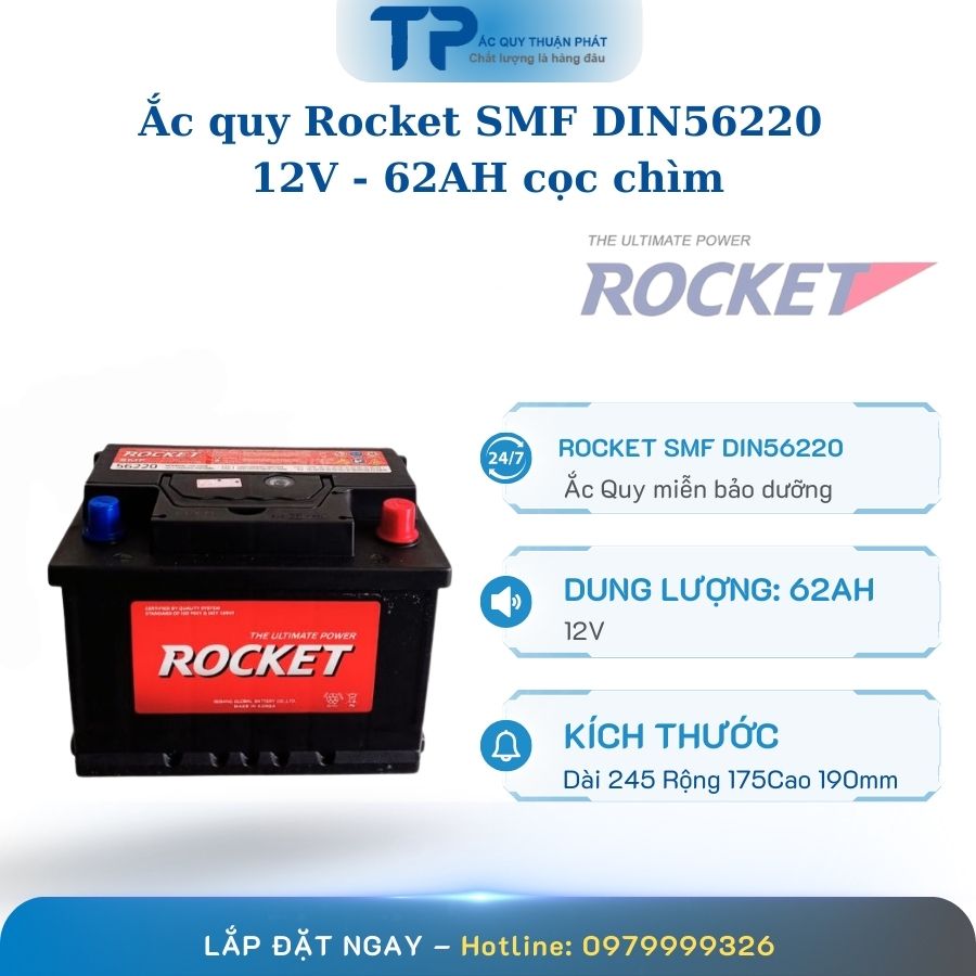 Ác quy Rocket SMF DIN56220 12V - 62AH cọc chìm