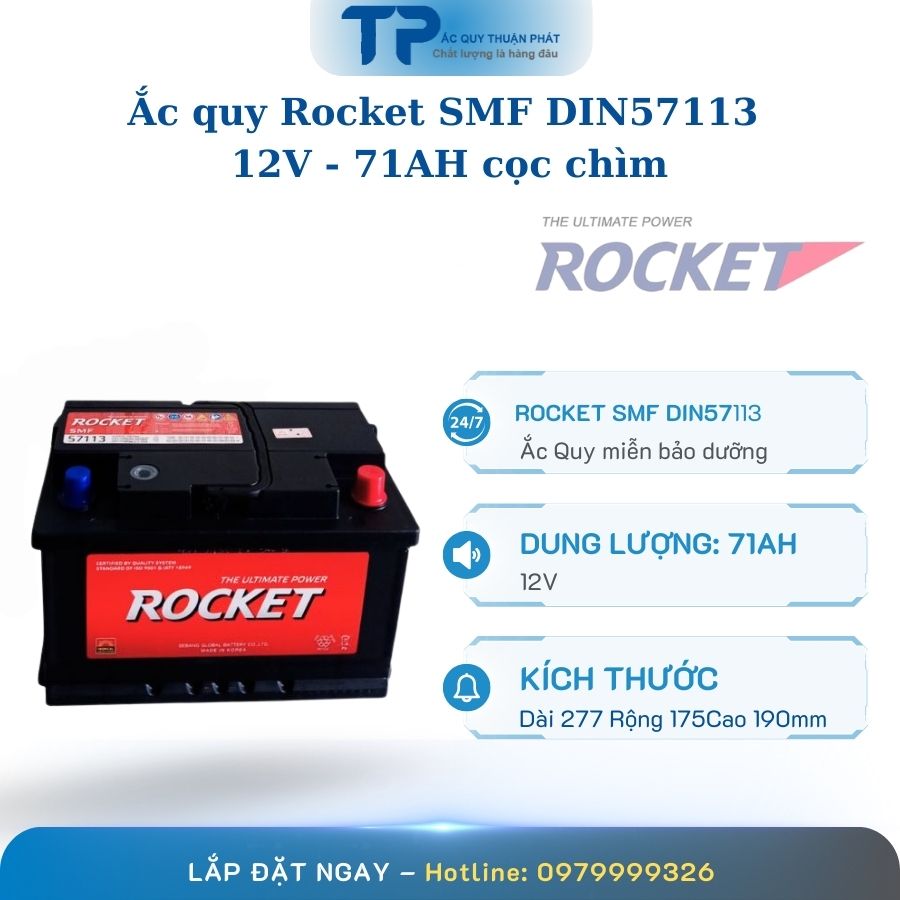 Ắc quy Rocket SMF DIN57113 12V - 71AH cọc chìm