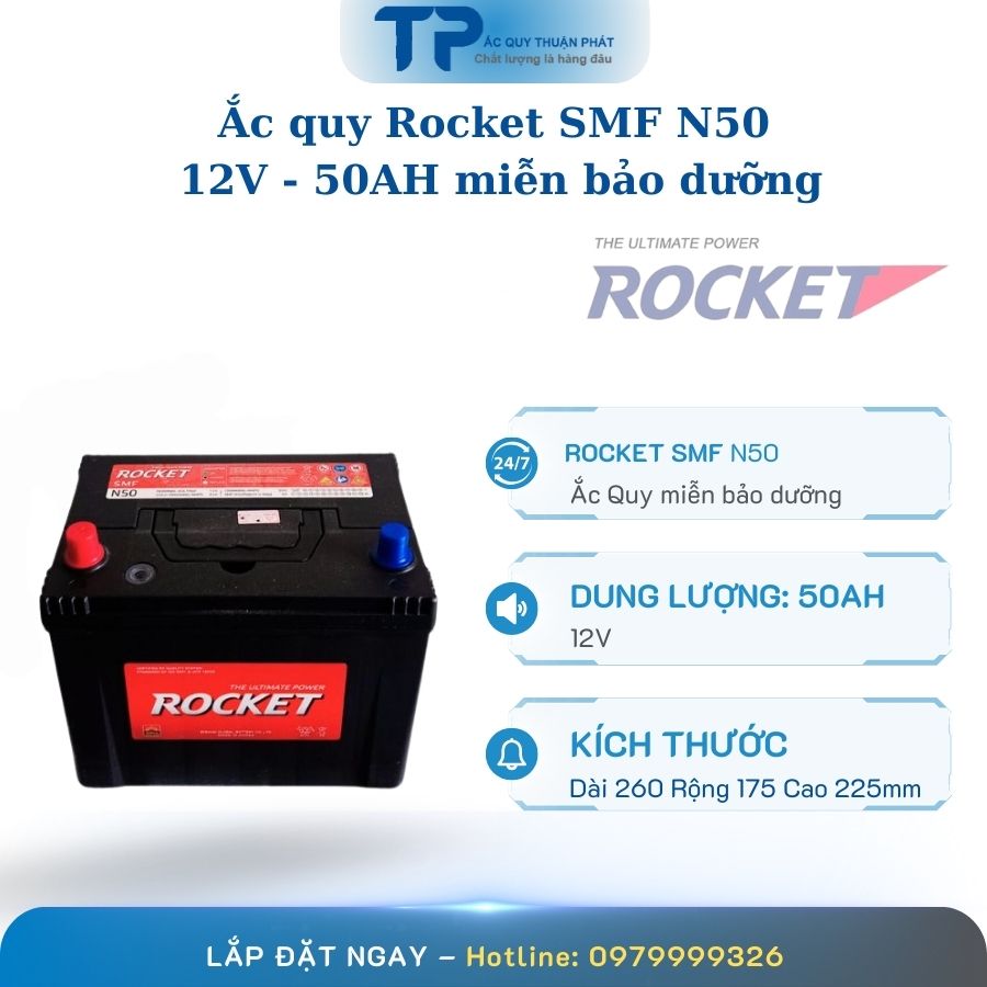 Ắc quy Rocket SMF N50 12V - 50AH miễn bảo dưỡng