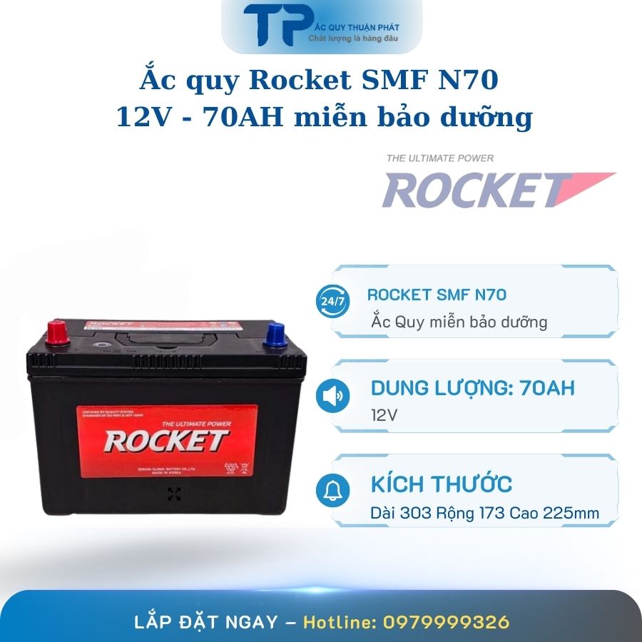 Ắc quy Rocket SMF N70 12V - 70AH miễn bảo dưỡng