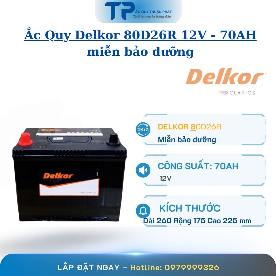 Ắc Quy Delkor 80D26R 12V - 70AH miễn bảo dưỡng