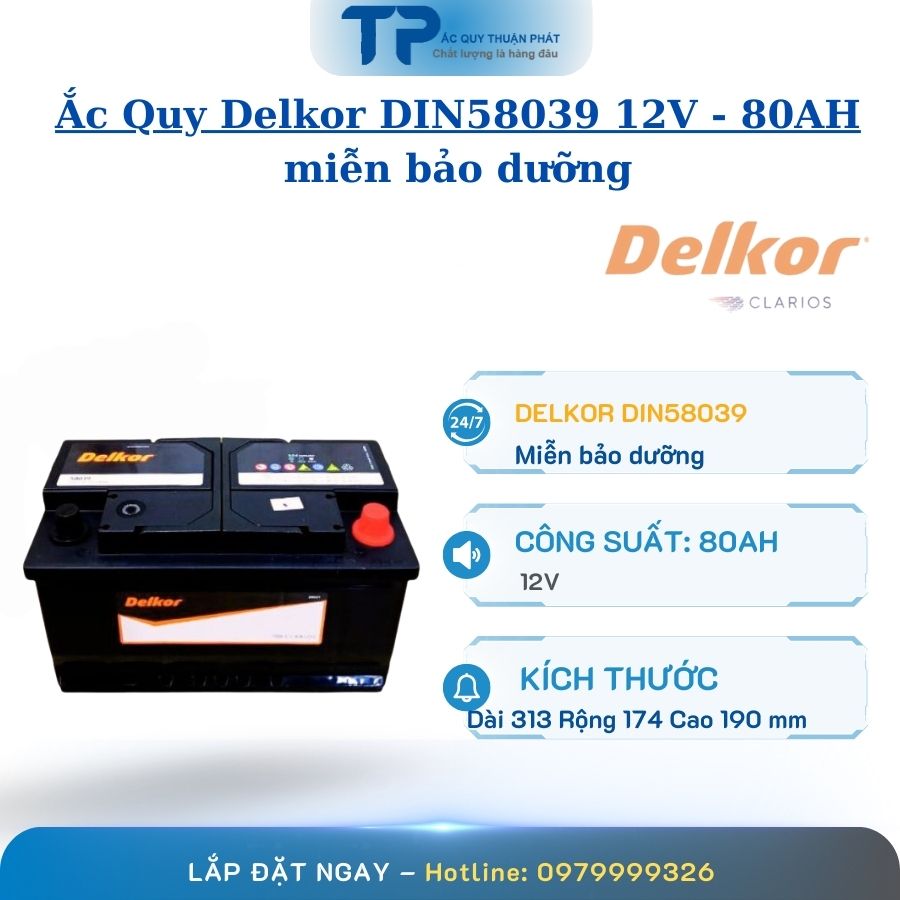Ắc Quy Delkor DIN58039 12V - 80AH miễn bảo dưỡng
