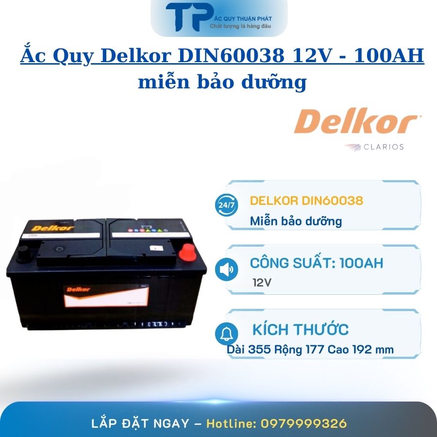 Ắc Quy Delkor DIN60038 12V - 100AH miễn bảo dưỡng