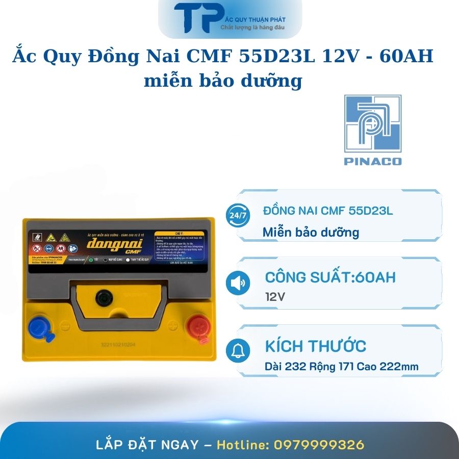 Ắc quy Đồng Nai CMF 55D23L 12V - 60AH miễn bảo dưỡng