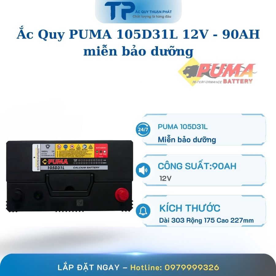 Ắc Quy PUMA 105D31L 12V - 90AH miễn bảo dưỡng