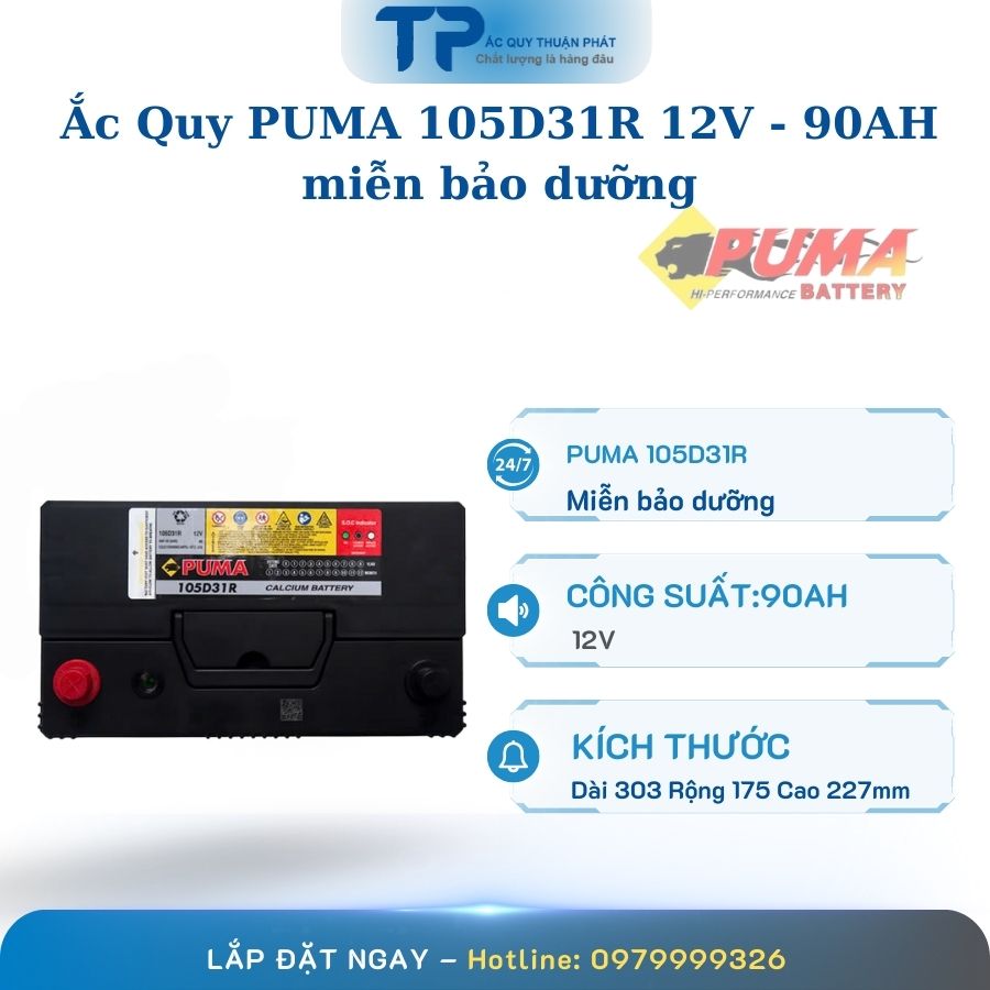 Ắc Quy PUMA 105D31R 12V - 90AH miễn bảo dưỡng
