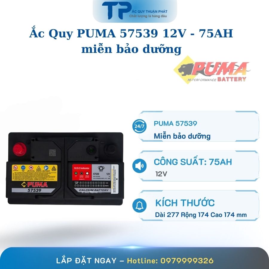 Ắc Quy PUMA 57539 12V - 75AH miễn bảo dưỡng