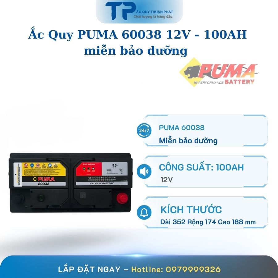 Ắc Quy PUMA 60038 12V - 100AH miễn bảo dưỡng