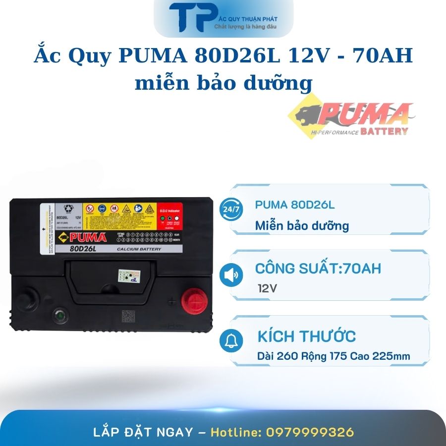 Ắc quy PUMA 80D26L 12V - 70AH miễn bảo dưỡng