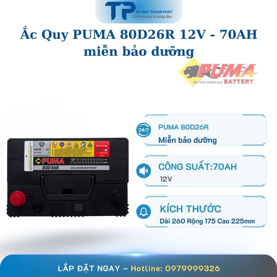 Ắc Quy PUMA 80D26R 12V - 70AH miễn bảo dưỡng