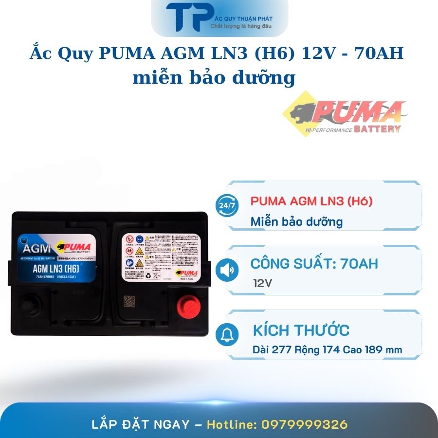 Ắc Quy PUMA AGM LN3 H6 12V - 70AH miễn bảo dưỡng