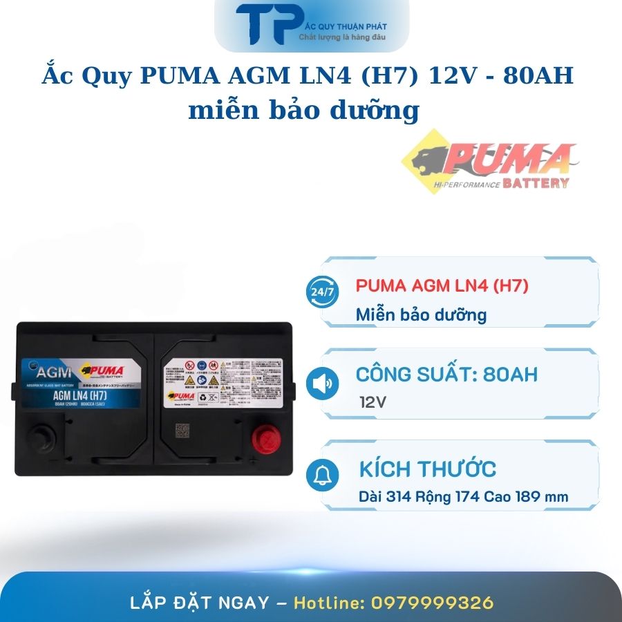 Ắc Quy PUMA AGM LN4 - H7 12V - 80AH miễn bảo dưỡng