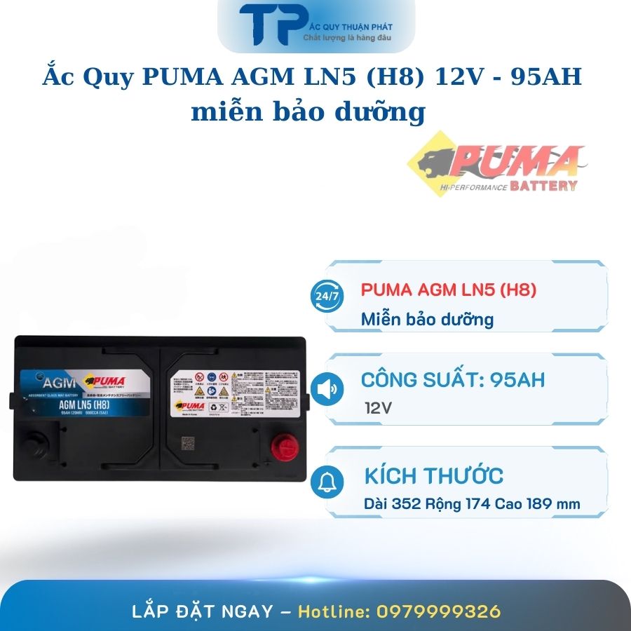Ắc Quy PUMA AGM LN5 H8 12V - 95AH miễn bảo dưỡng