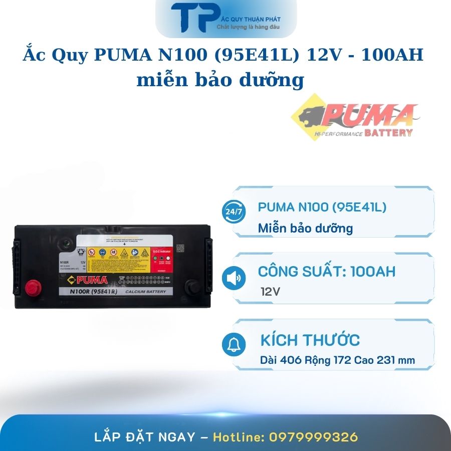 Ắc Quy PUMA N100 95E41L 12V - 100AH miễn bảo dưỡng