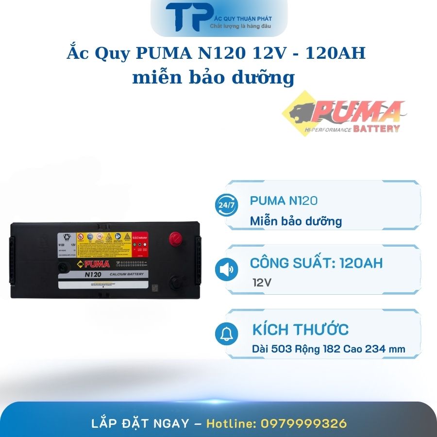 Ắc Quy PUMA N120 12V - 120AH miễn bảo dưỡng