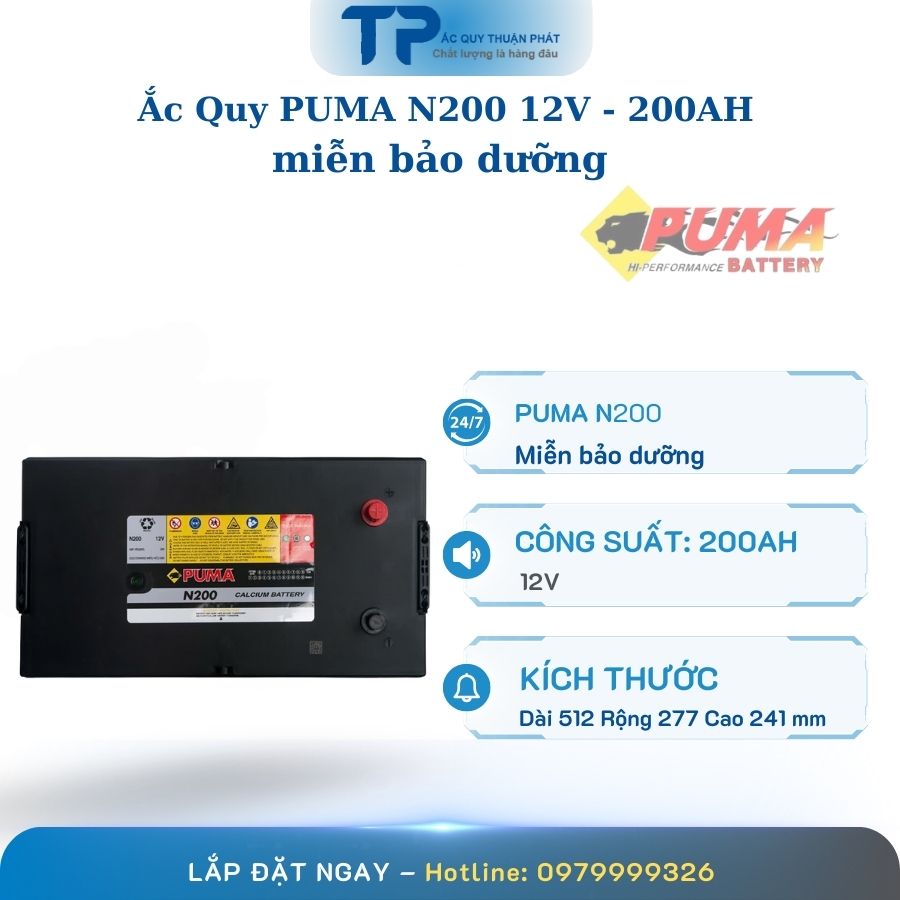 Ắc Quy PUMA N200 12V - 200AH miễn bảo dưỡng