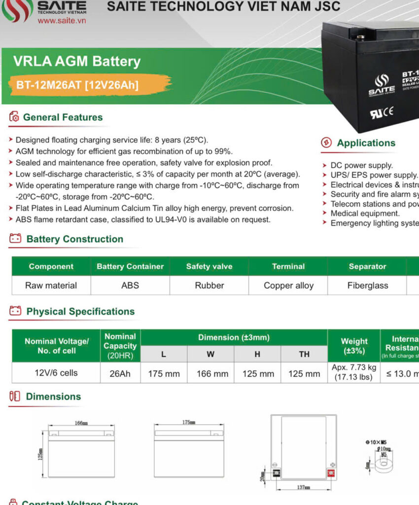 Thông số kỹ thuật ắc quy Saite 26AH