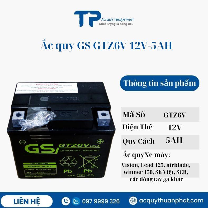 ắc quy GS GTZ6V 12V - 5Ah Miễn Bảo Dưỡng