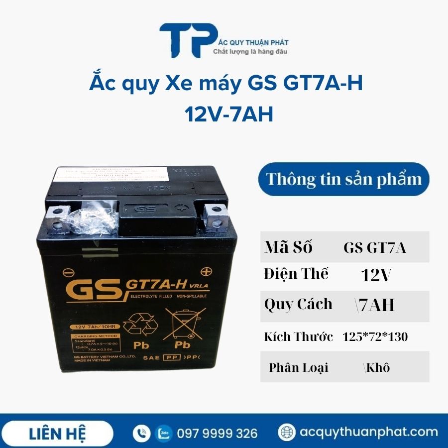 Ắc Quy Xe Máy GS GT7A-H MIễn Bảo Dưỡng