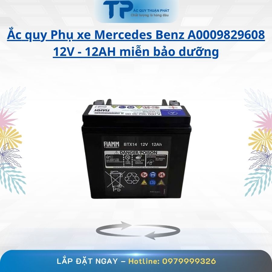 Ắc Quy Phụ xe Mercedes Benz A0009829608 12V - 12AH miễn bảo dưỡng