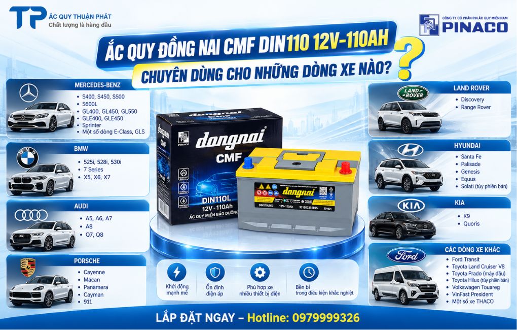 Ắc Quy Đồng Nai CMF DIN110L 12V-100AH chuyên dùng cho xe nào