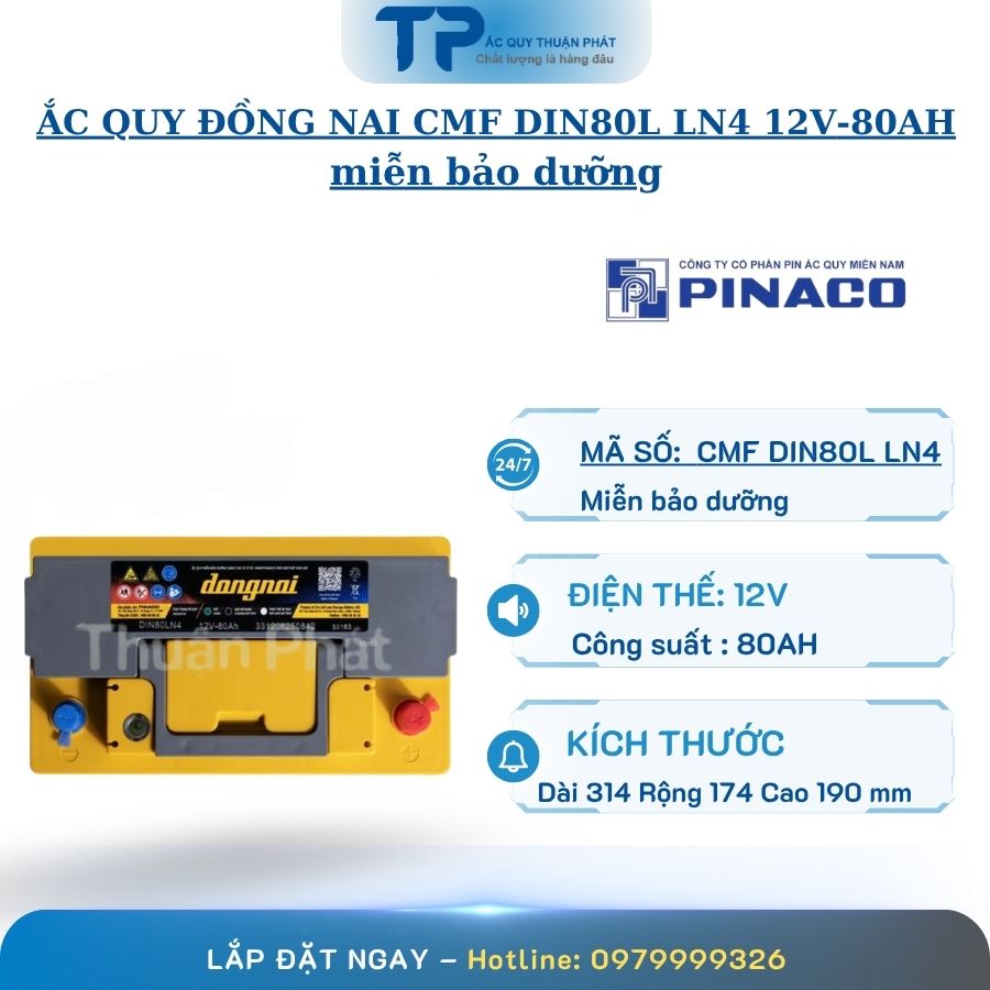 Ắc Quy Đồng Nai CMF DIN80L LN4 12V-80AH miễn bảo dưỡng