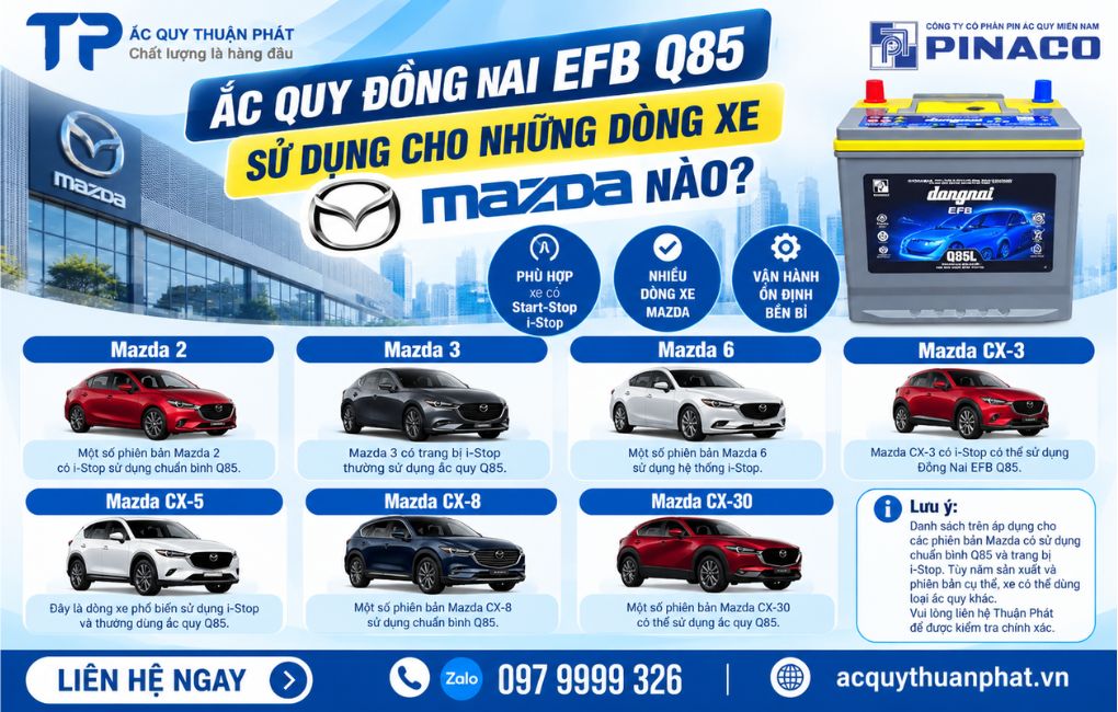 Ắc Quy Đồng Nai EFB Q85 sử dụng cho dòng xe Mazda nào