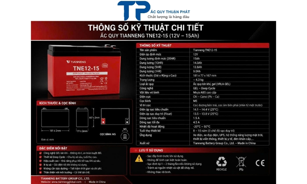 Thông Số Kỹ Thuật Chi Tiết Ắc Quy Tianneng TNE12-15